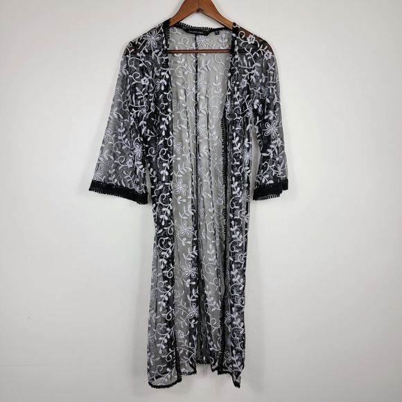 Colleen Lopez XS Duster Cardigan Kimono Embroidered Black White - Picture 1 of 8